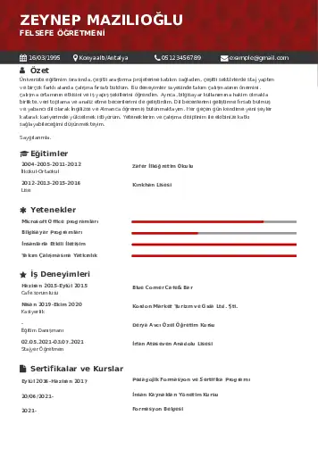 Felsefe Öğretmeni CV Örnekleri cv indir